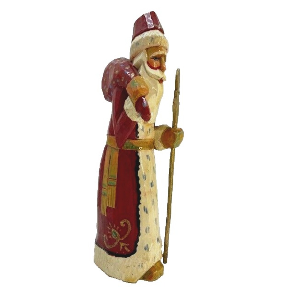 Vintage Hand Carved Hand Painted Russian Santa Figurine Removeable Staff 8.5 in